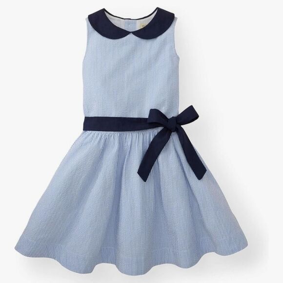 938 NWT Hope & Henry Girls' Peter Pan Collar Seersucker Dress Blue Seersucker